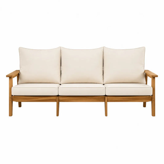 Drewniana sofa ogrodowa 3-osobowa z beżowymi poduszkami